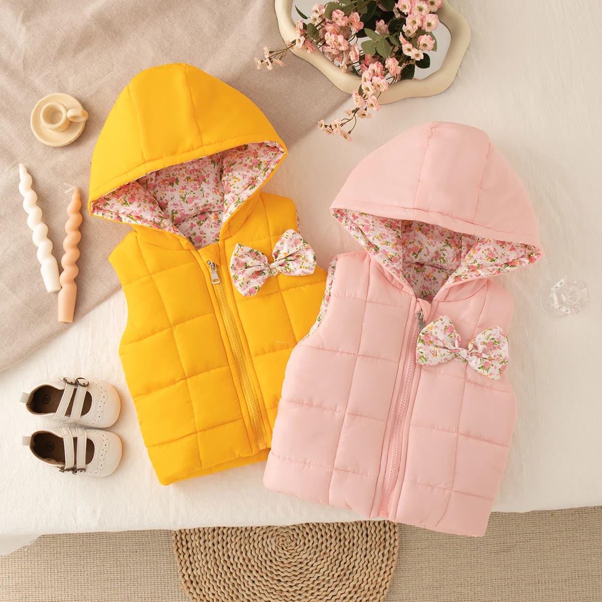Abbigliamento per bambini Inverno carino con cappuccio caldo gilet per bambini capispalla floreale tinta unita giacca da ragazza top