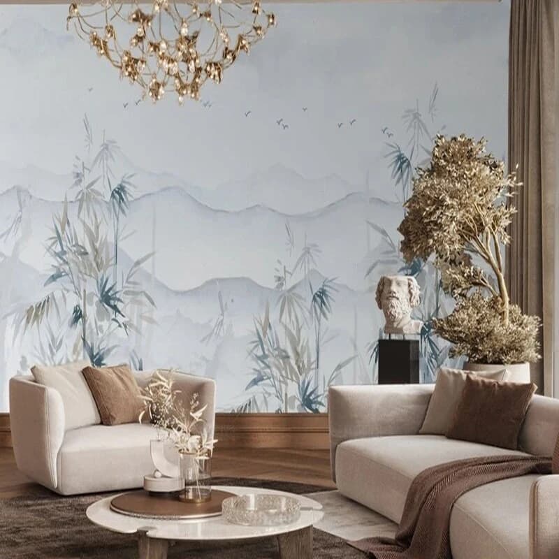 Original decorative image of light color with blue flower for the background wall of decoration of the TV bedroom
