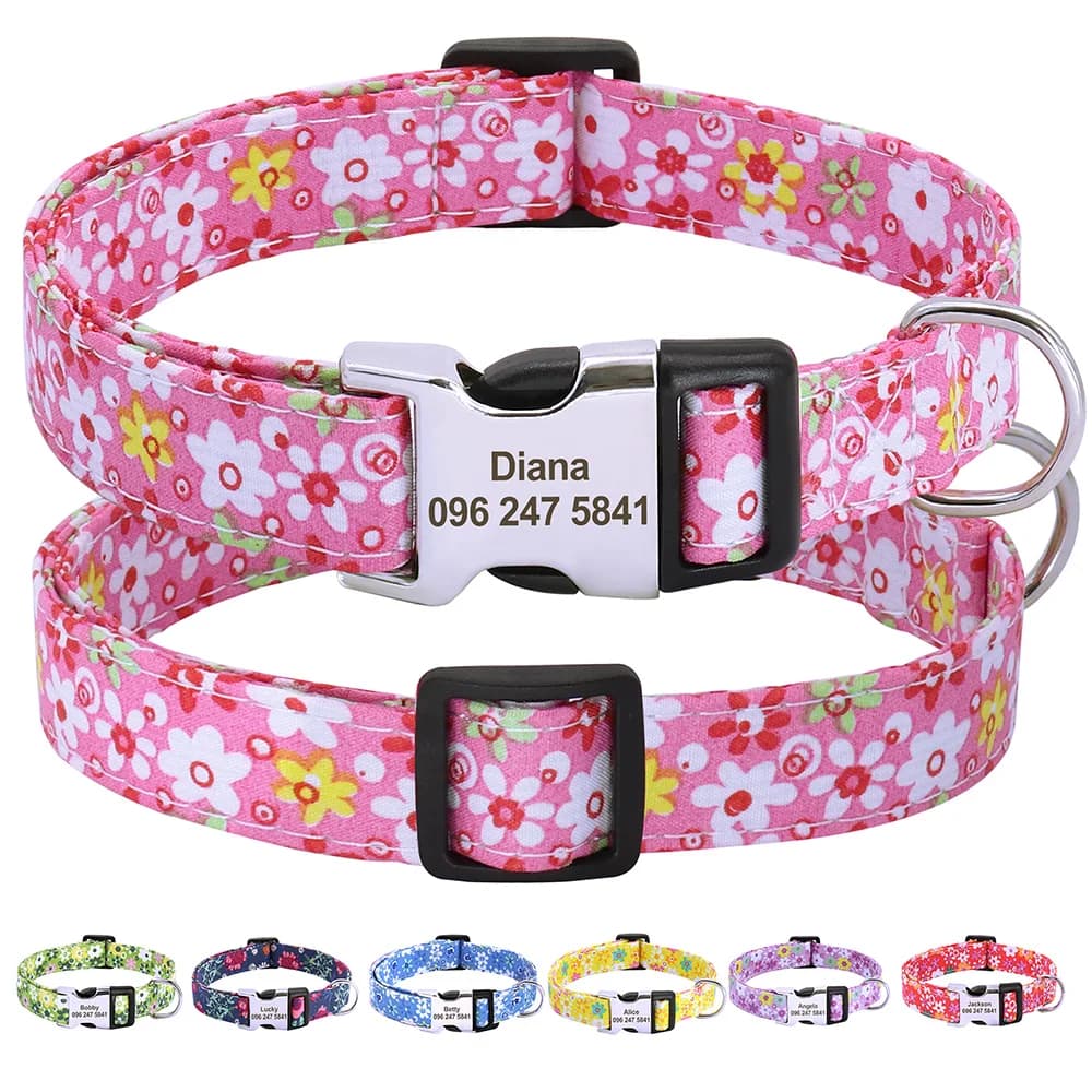 Collare per Cani Personalizzato in Nylon Stampato, Collana Floreale per Cuccioli con Nome Inciso per Cani Piccoli, Medi e Grandi, Bulldog