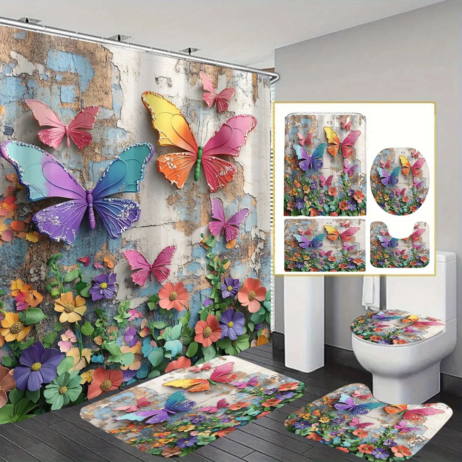 Vibrant Butterfly Bathroom Four-Piece Set - Colorful Waterproof Shower Curtain for a Complete Bathroom Set