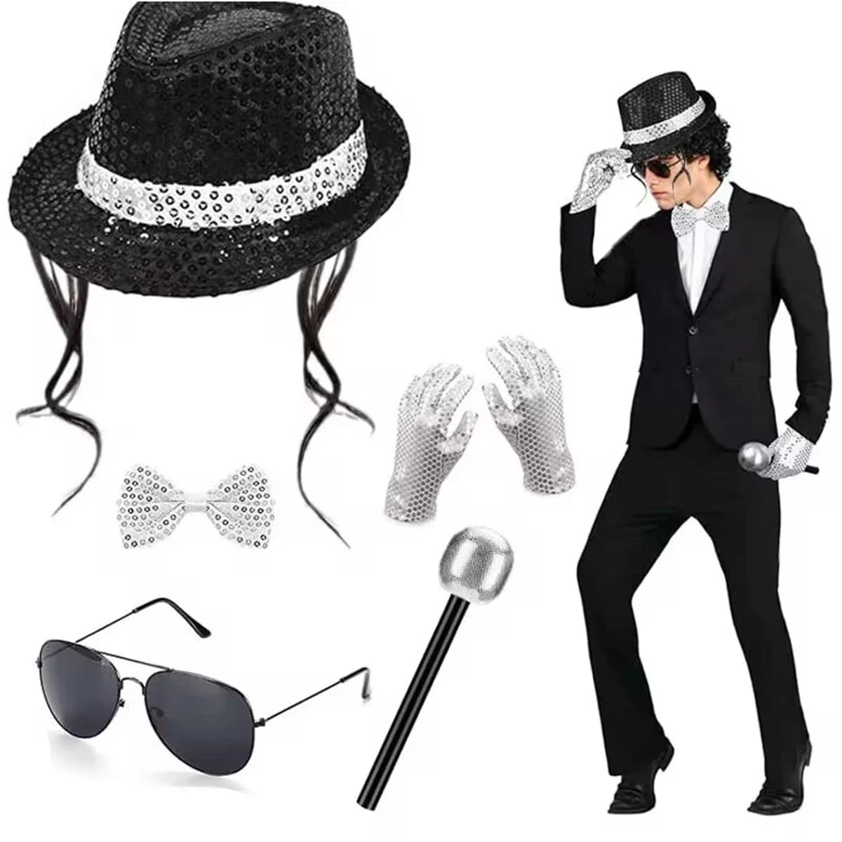 80s Pop King Michael Jackson Costume Set All-in-One Wig Hat, White Glove & Sunglasses Must-Have for Fans, Stage Performance