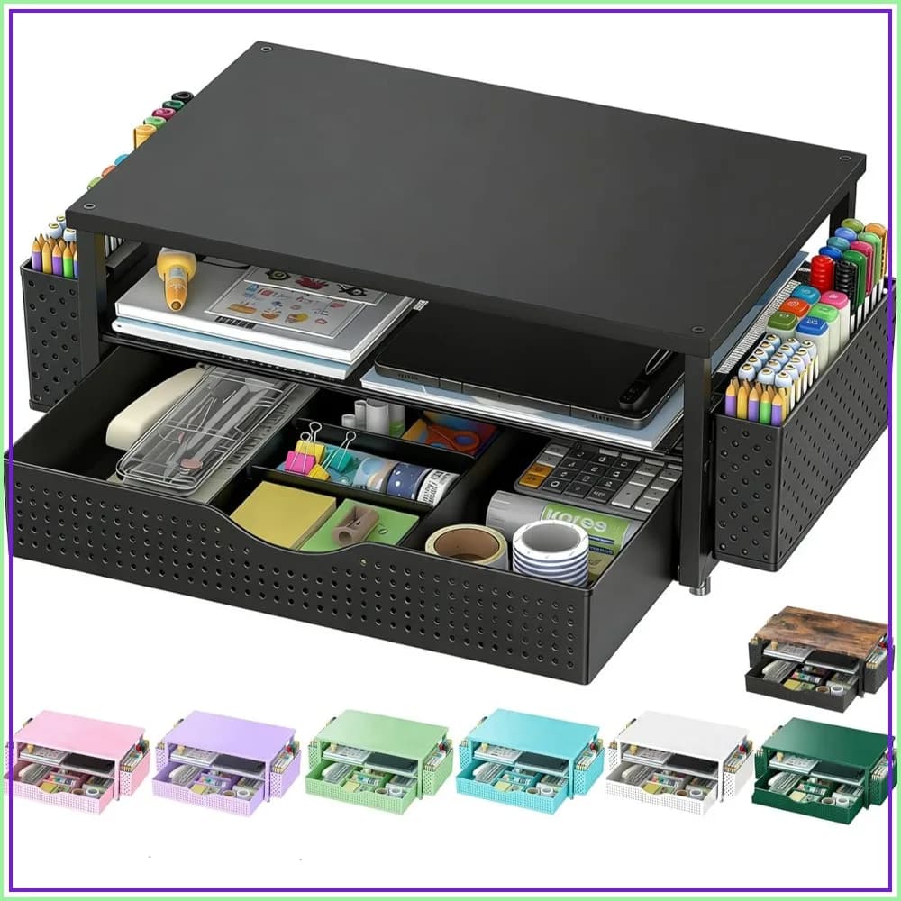 Monitor Stand Riser with Drawer & Pen Holders, Ergonomic Desk Organizer for Home Office, Black
