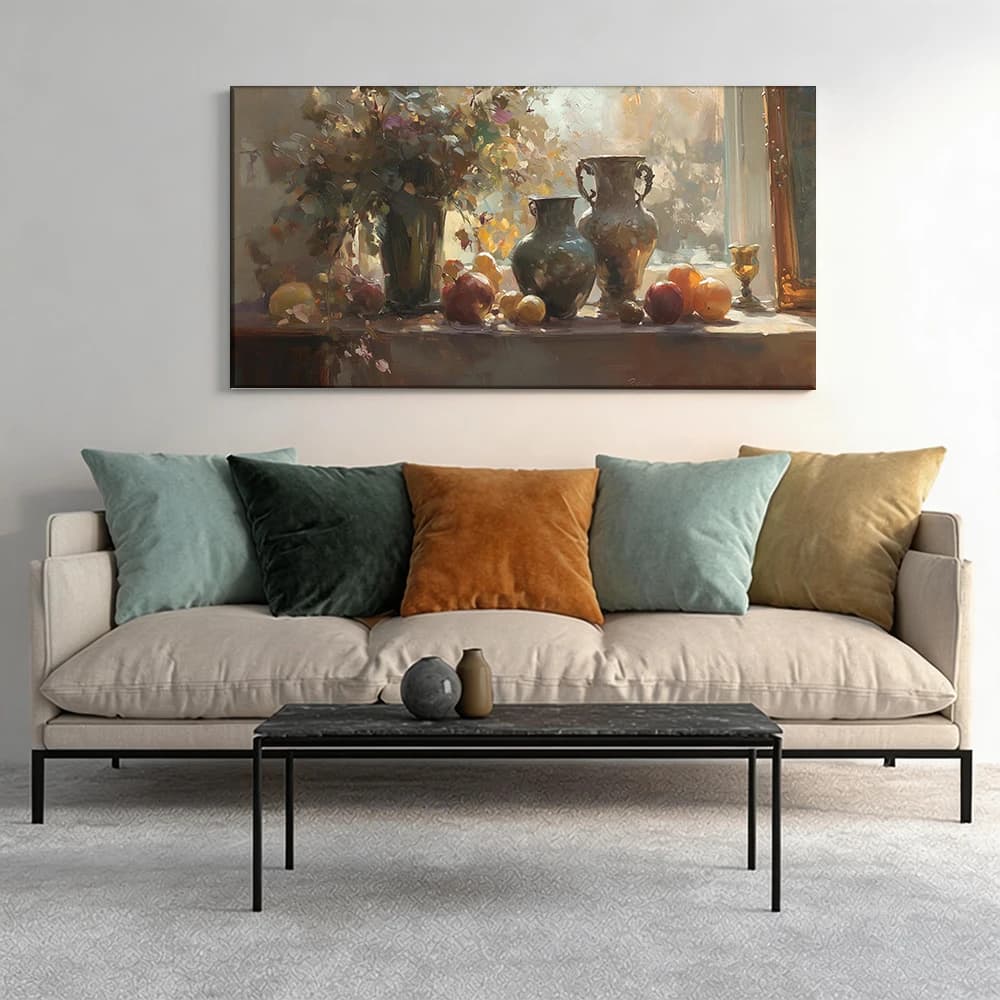 Painted on canvas with large wooden frame, 1 piece, dead nature, pots, fruit.