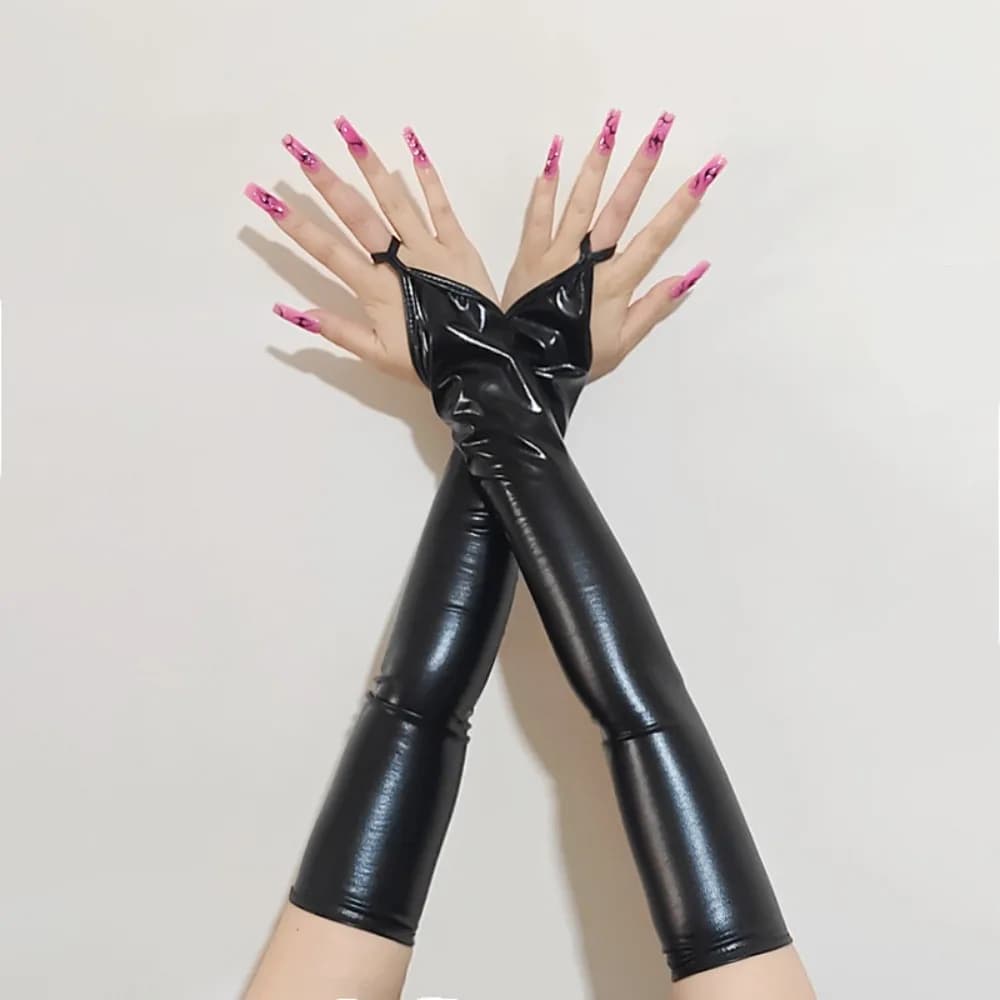 Fingerless Design Women Latex Gloves Long Shiny Surface Metallic Gloves Stretchy Material Rivets Detail Wetlook Gloves