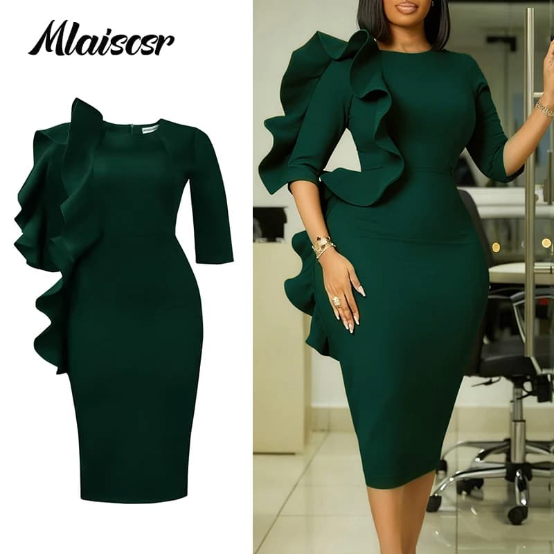Mlaiscsr O Neck Ruffle Peplum 3/4 Sleeve Package Hip Mid Dress Women Elegant Occasion Birthday African Wedding Vacation Gowns
