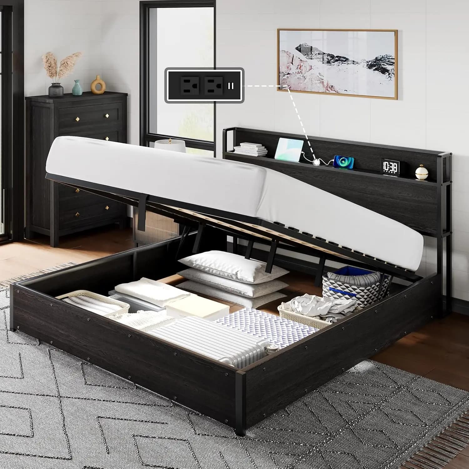King Lift Up Storage Bed Frame Wooden Platform USB Charging No Box Spring Quiet Black King, Customized