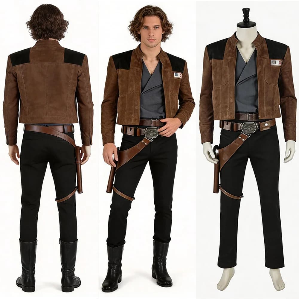 Costume da Cosplay di Han Solo per Uomo Adulto, Giacca Marrone, Camicia Grigia, Pantaloni Neri, Cintura, Fondina, Outfit per Halloween e Carnevale
