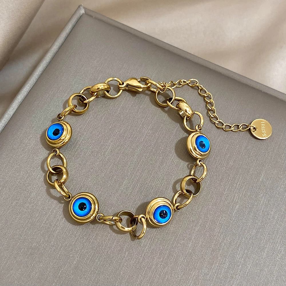 1pc Exquisite Mosaic Vintage Stainless Steel Chain Blue Eyes Charm Bracelet - Durable Hypoallergenic - Perfect for Everyday Wear