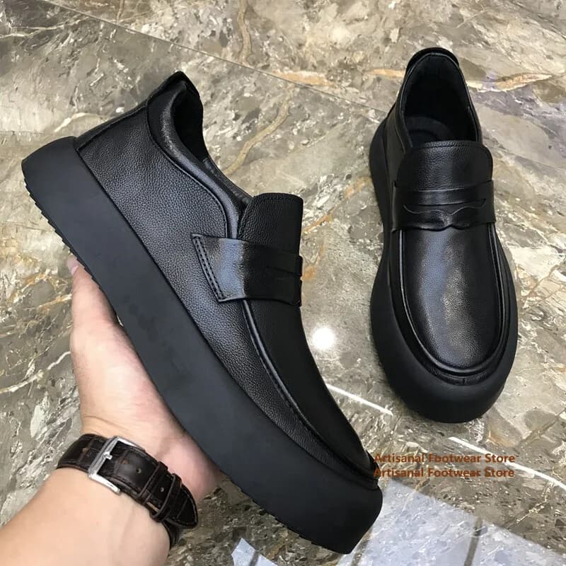 Mocassini in Pelle Nera da Uomo, Scarpe in Morbida Pelle con Suola Spessa, Calzature Eleganti e Casual alla Moda