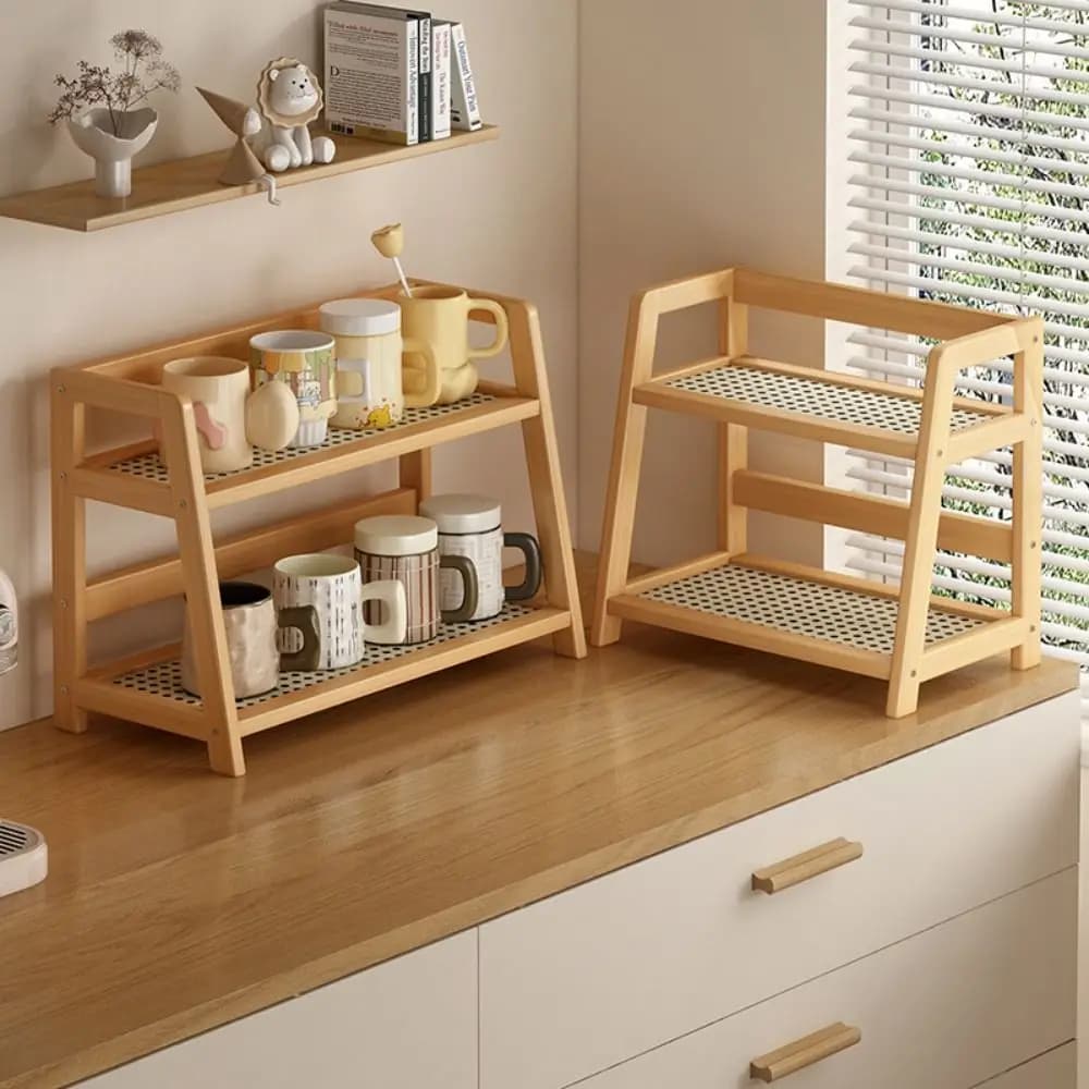 Espositore Porta spezie Scaffale portaoggetti in legno per cucina Organizzatore da tavolo in rattan per organizer per trucco da appoggio
