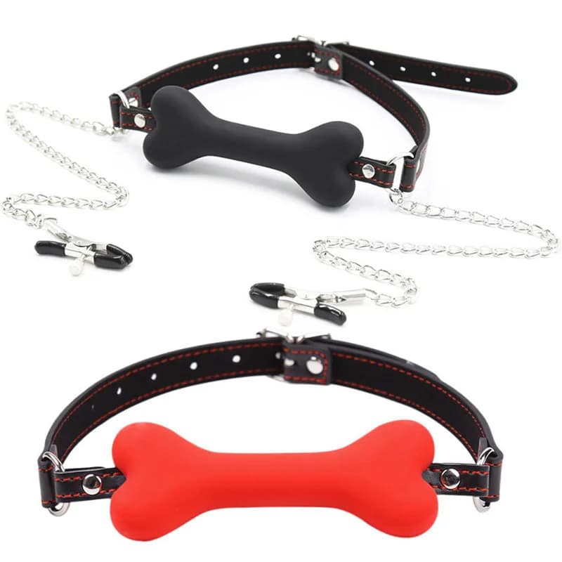 Collare BDSM in silicone a forma di osso di cane, cintura bondage in pelle, giochi per adulti, restrizioni, bavaglio apribile, morsetti per capezzoli, giocattoli sessuali per coppie