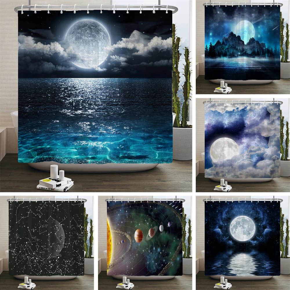 Terra Universo Cielo stellato Tenda da doccia Decorazione del bagno Panno in poliestere impermeabile Paesaggio Notte Tende da doccia Set Tappetino
