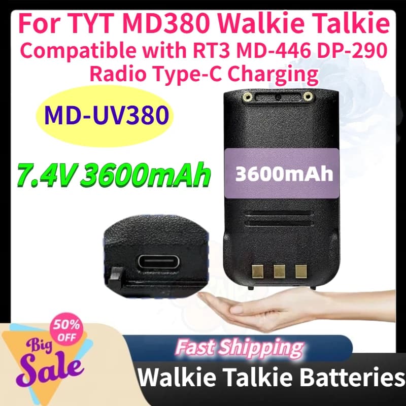 Type-C Charging MD-UV380 7.4V 3600mAh Thickened Battery for TYT MD380 Walkie Talkie Compatible with RT3 MD-446 DP-290 Radio