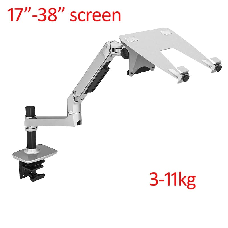 Supporto da scrivania per due monitor DL-8012LP con 2 bracci pieghevoli da 17"-38" + supporto per laptop fino a 17" in alluminio, portata 3-11kg, rotazione a 360°, inclinazione e pivot.