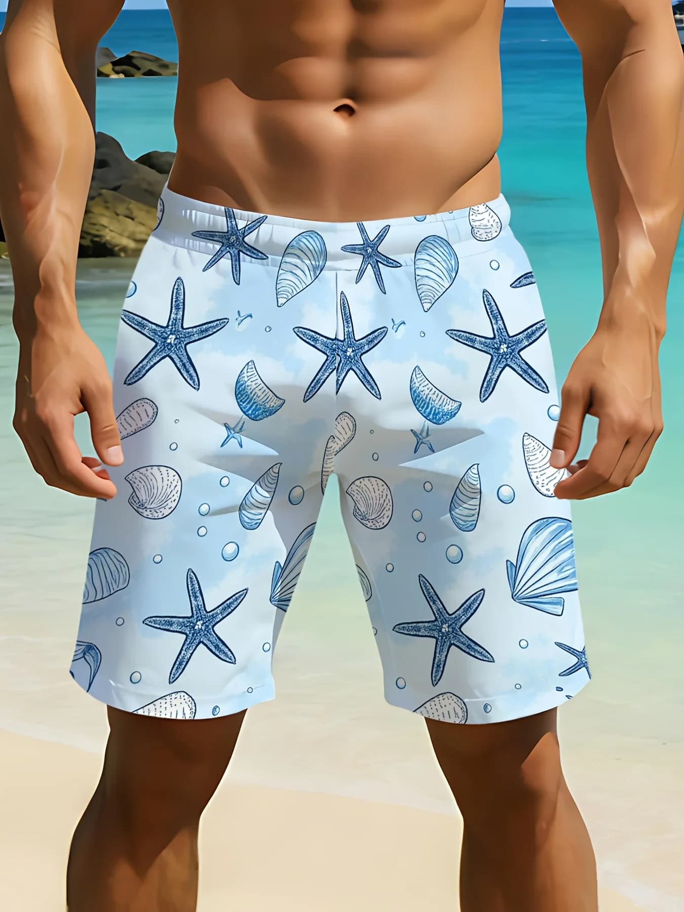 Top Selling Summer Hawaii Sport Swim Trunks All Over Marine Sketch Print Loose Straight Cut Breathable Foldable Outdoor Shorts