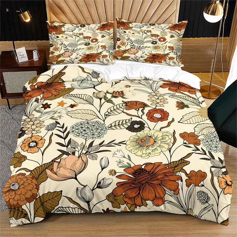 3Pcs Duvet Cover Set (No Comforter & Pillow Inserts),Retro Warm Floral Print,Soft Machine Washable,Cozy Autumn Bedroom Decor