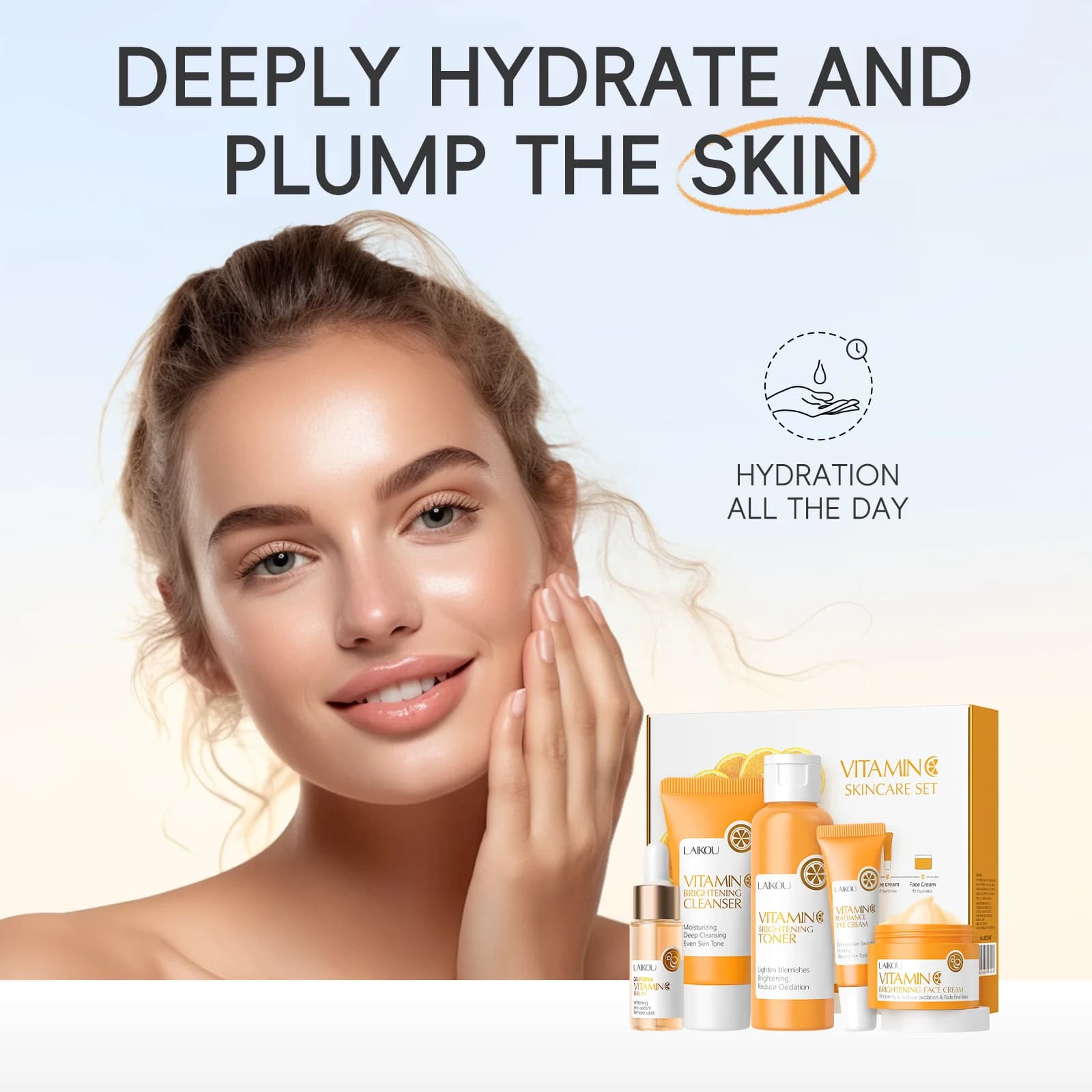 Set of 5 skin care products to vitamin C (Detergent-Tonico-Siero-Siero for eye-Crema face) + Natural antioxidant ingredients, nourish and uniform skin tone