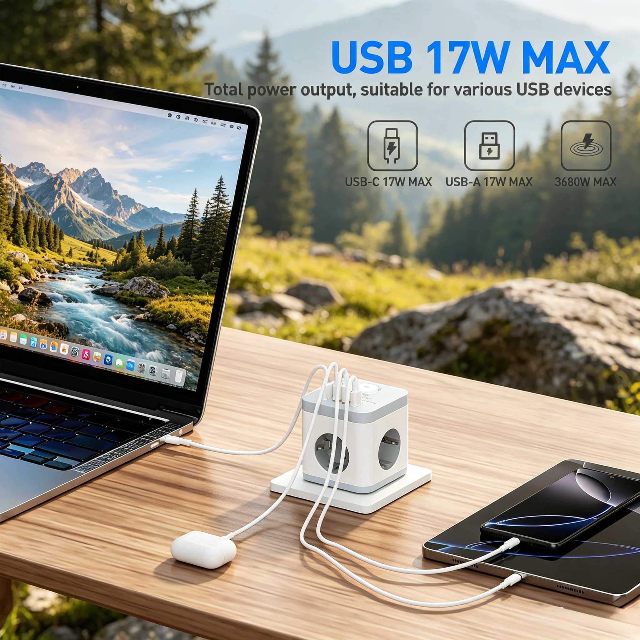 EU Plug 7-in-1 Multi Plug Adapter Cube Power Strip 3680W Wall Socket Extender with 2 USB-A 2 Type-C Ports Fast Charging Overload