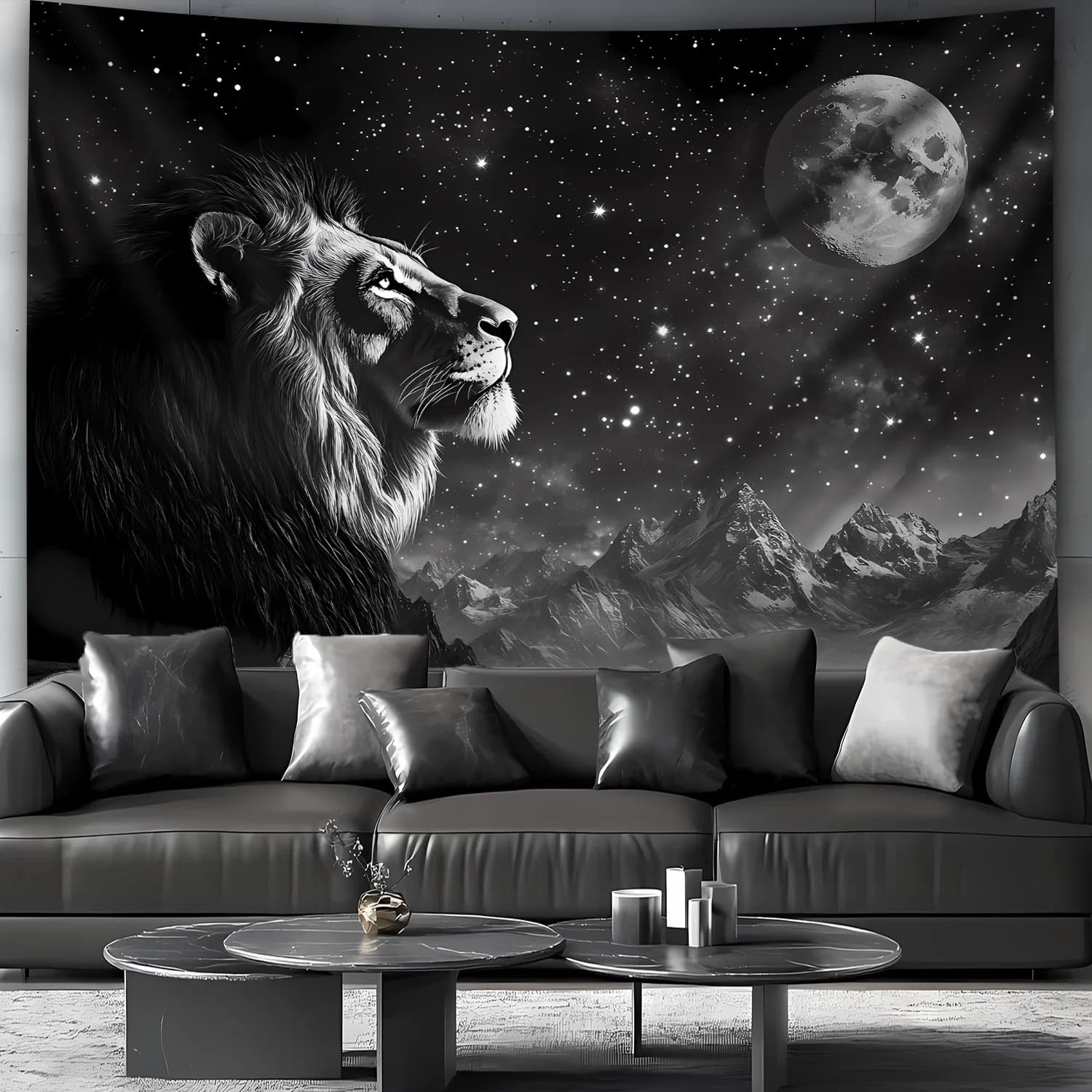 Majestic Lion Starry Night Tapestry Wall Hanging Galaxy Moon Mountain Safari Decor Bohemian Jungle Animal Landscape Artwork Room