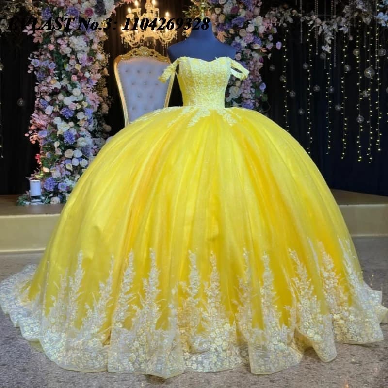 EVLAST Personalizzato Giallo Lucido Abito Quinceanera Abito di Sfera Applique di Pizzo Che Borda Mantello Corsetto Dolce 16 Abiti 15 De Anos E3Q847