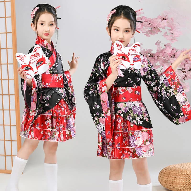 Kimono Yukata Japanese for Kids, Traditional Vintage Evening Dress with Obi, Cosplay Costume for Girls, Bathrobe