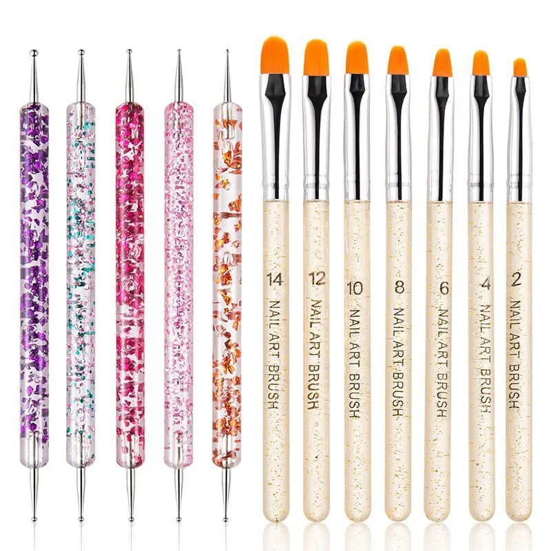 Set di pennelli per nail art in gel UV da 12 pezzi - 7 pennelli per unghie + 5 strumenti per punteggiare a doppia estremità per smalto acrilico, gel e design per manicure fai-da-te