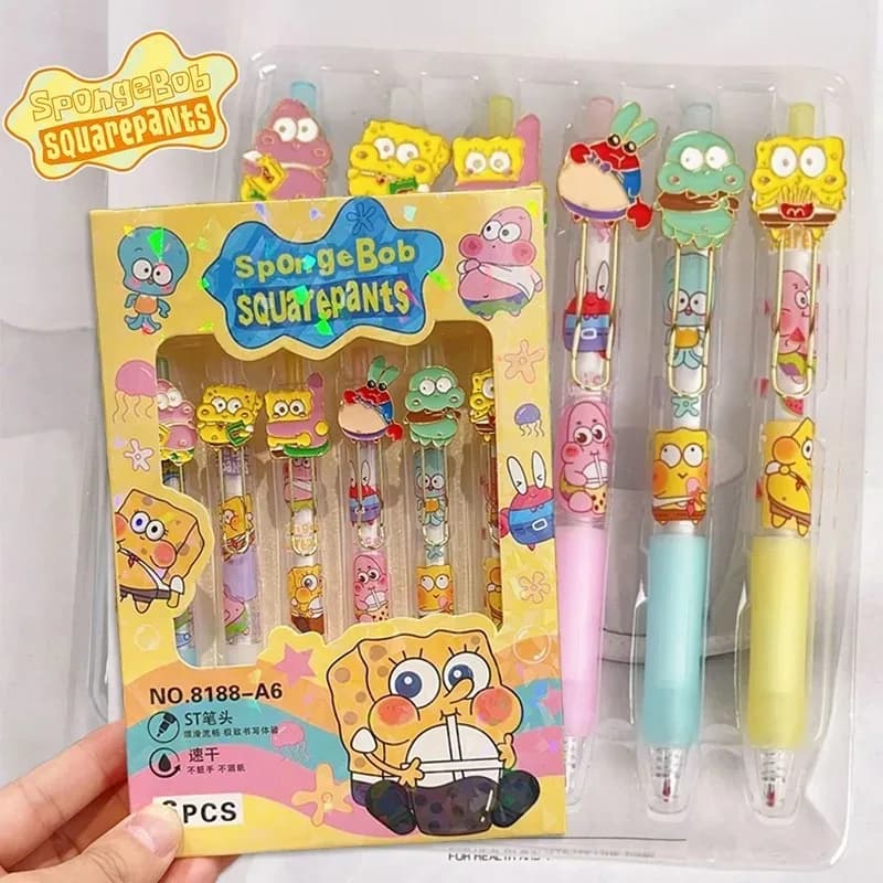 6pcs SpongeBob Gel Pens Quick Drying Cartoon Black 0.5mm Press Ballpoint Pen Cute Students Kawaii Writing Drawing Stationery