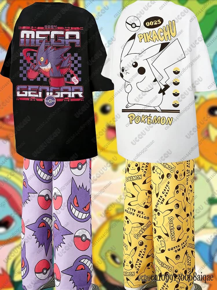 Completi Estivi 2026 Anime Pikachu & Gengar: T-shirt e Pantaloni Pigiama Oversize per Uomo, Donna e Coppia - Abbigliamento Cartoon per Casa