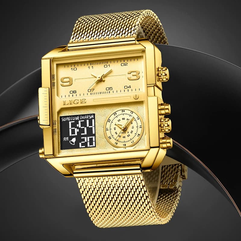 LIGE New Fashion Gold Square Digital Watches for Men Waterproof Dual Time Zone Display Quartz Wristwatch Male Clock Montre Homme