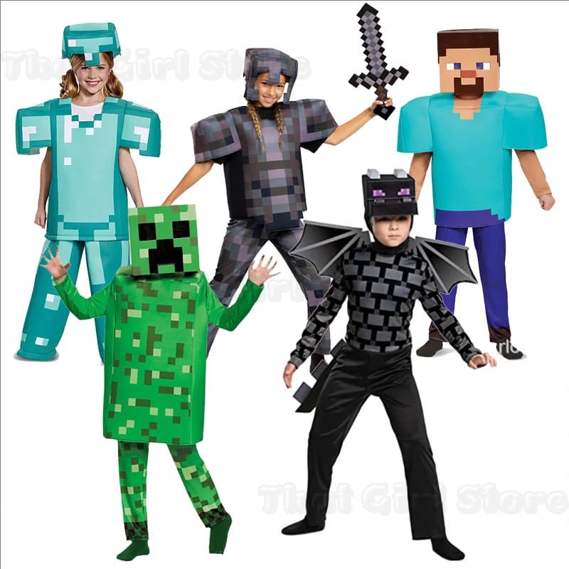 Bambini Cosplay Diamond Armor Personaggio del gioco Steve Costumi Cosplay Set da 3 pezzi Abiti blu Set da vestire per abito di Halloween