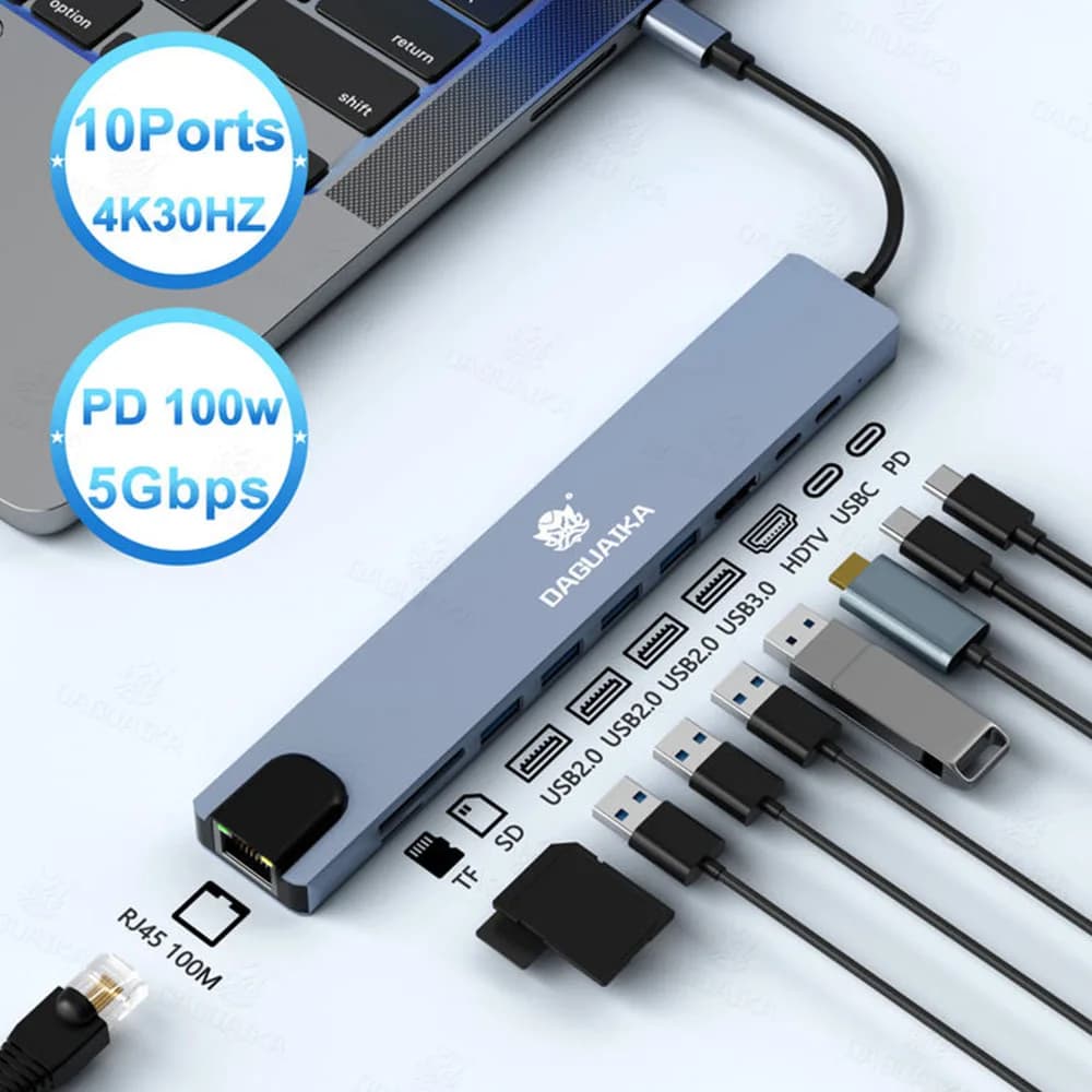 Docking station 10 in 1 USB C HUB 4K30Hz da tipo C a Ethernet RJ45 compatibile con HDTV PD100W per MacBook iPad Huawei Sumsang Phone