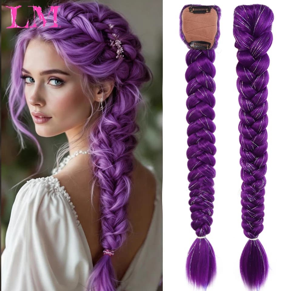 Extension per capelli sintetici viola LM Purple Braids con elastico per coda di cavallo, pre-intrecciati, per costumi di Halloween e Cosplay