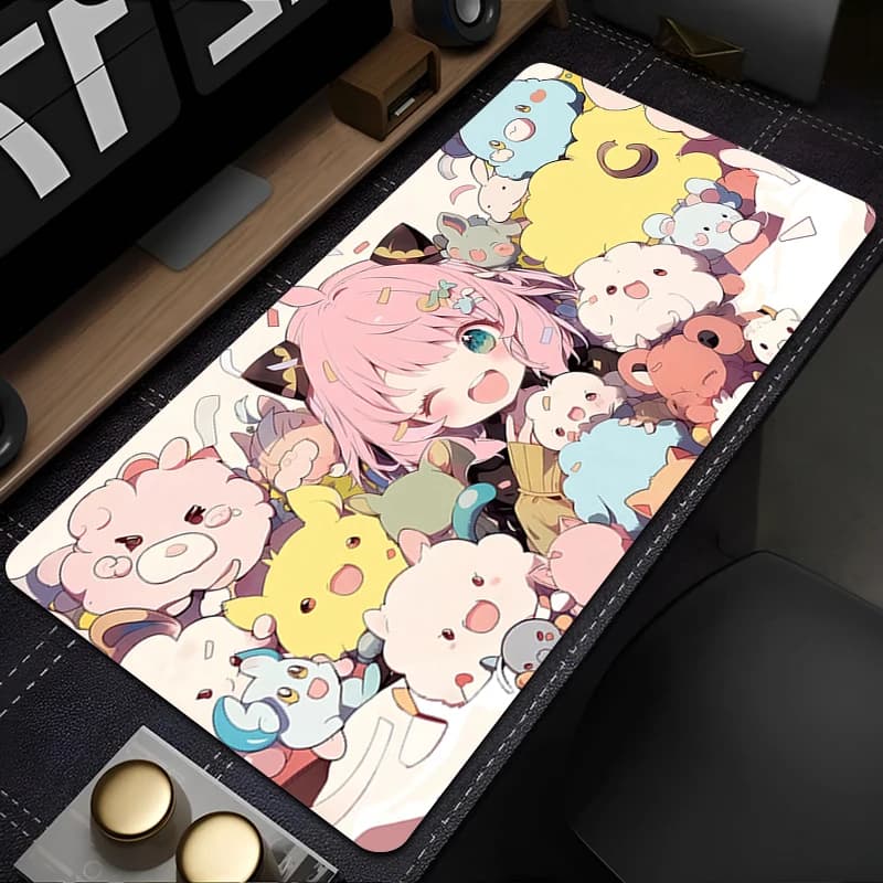 Tappetino per mouse da gaming, grande tappetino da scrivania, antiscivolo, bordi cuciti, stampa con ragazza anime rosa, tappetino per tastiera per giocatori, casa e ufficio