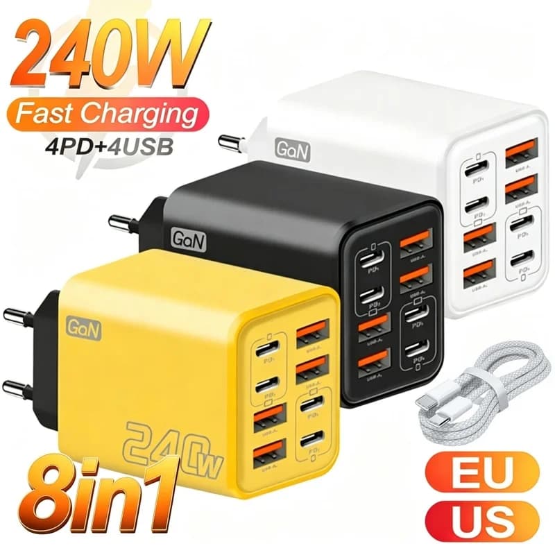 USB C GaN Charger from 240W 8 in 1, quick charger for phone, power adapter for iPhone, Samsung, Xiaomi, type C, with EU/US plug, wall charger.