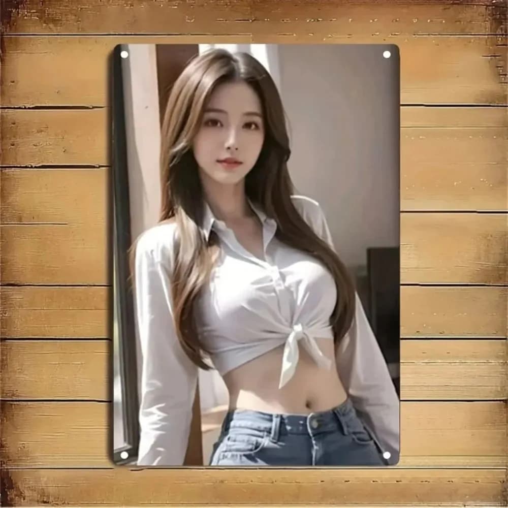 Stylish Asian Busty Model in White Knotted Crop Shirt & High Waisted Blue Jeans Vintage Metal Tin Sign, Retro Iron Painting Wall