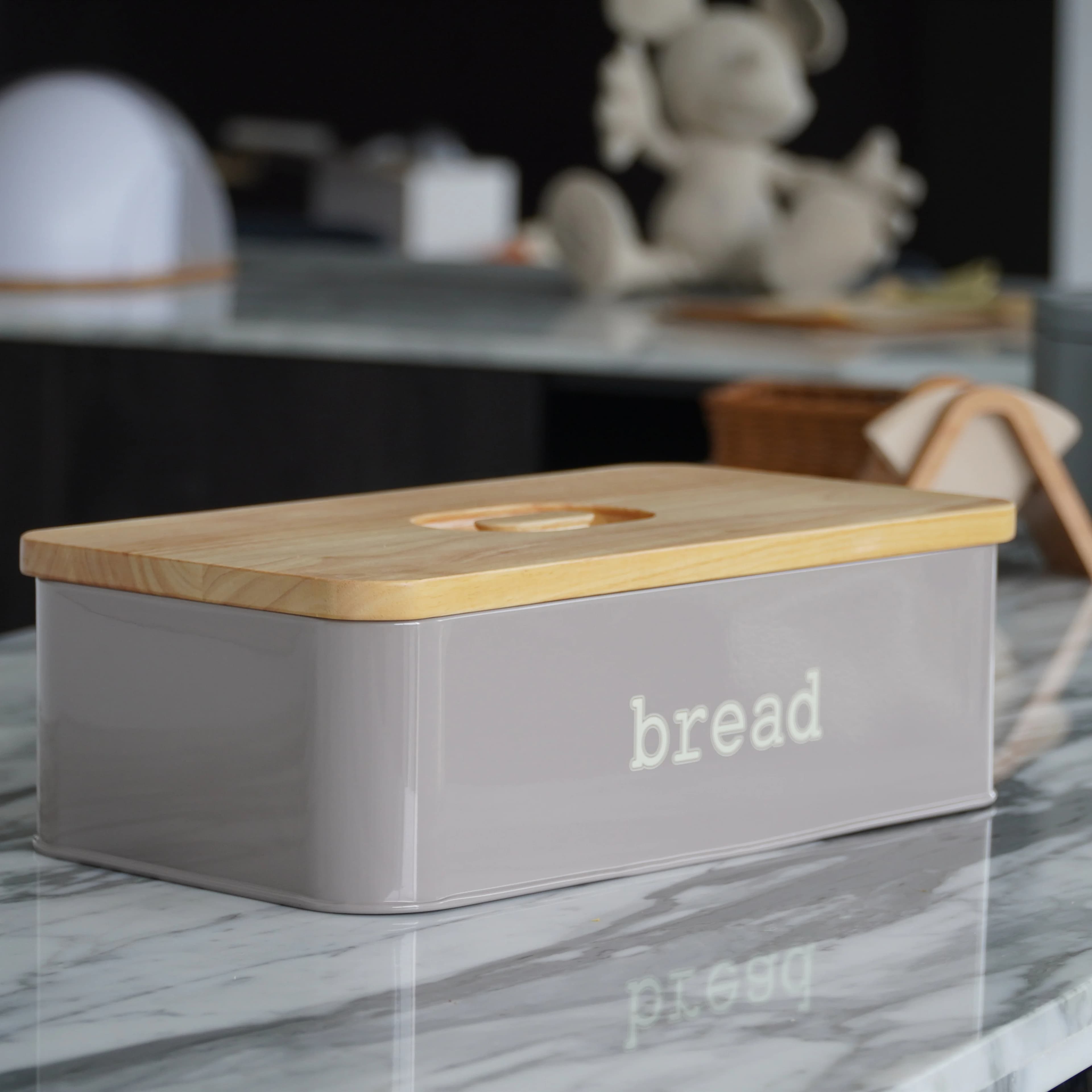 Rectangular Eco Storage Box with Wooden Cutting Board Lid Kitchen Metal Bread Bin