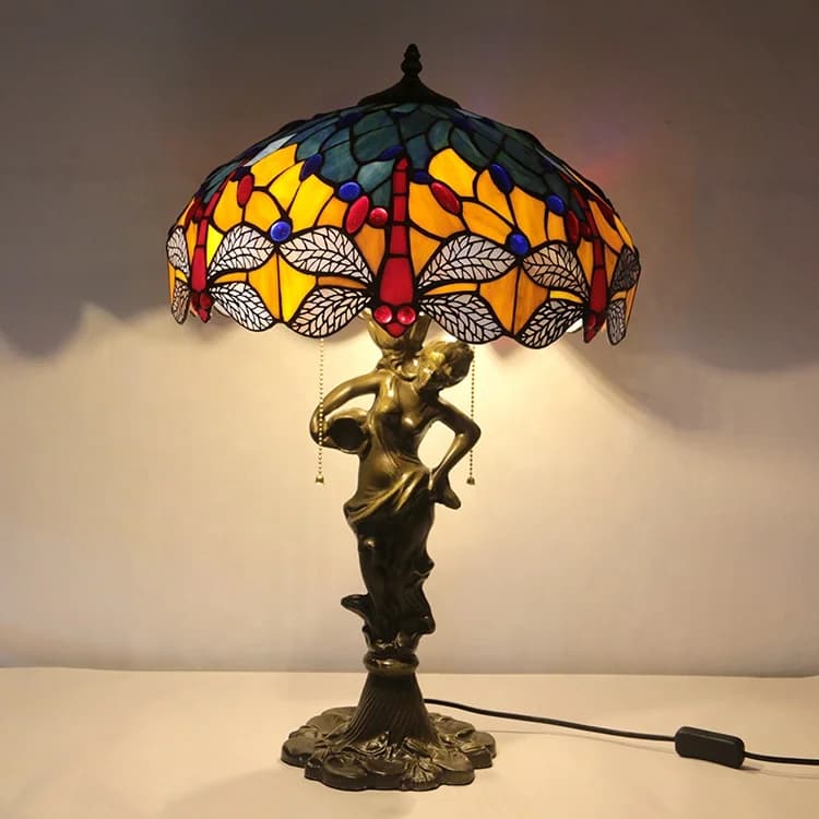 Colorful Glass Table Lamp with Pattern Red Libellula, 16 Inches, Creative Style, Desk Lighting