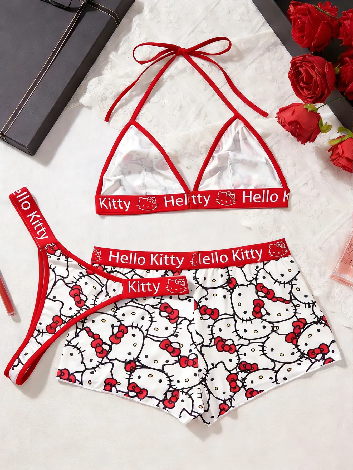 Sanrio Hello Kitty Red White Lingerie Set Allover Print Halter Triangle Bra Matching Boyshort & Thong Cute Three-Piece Set