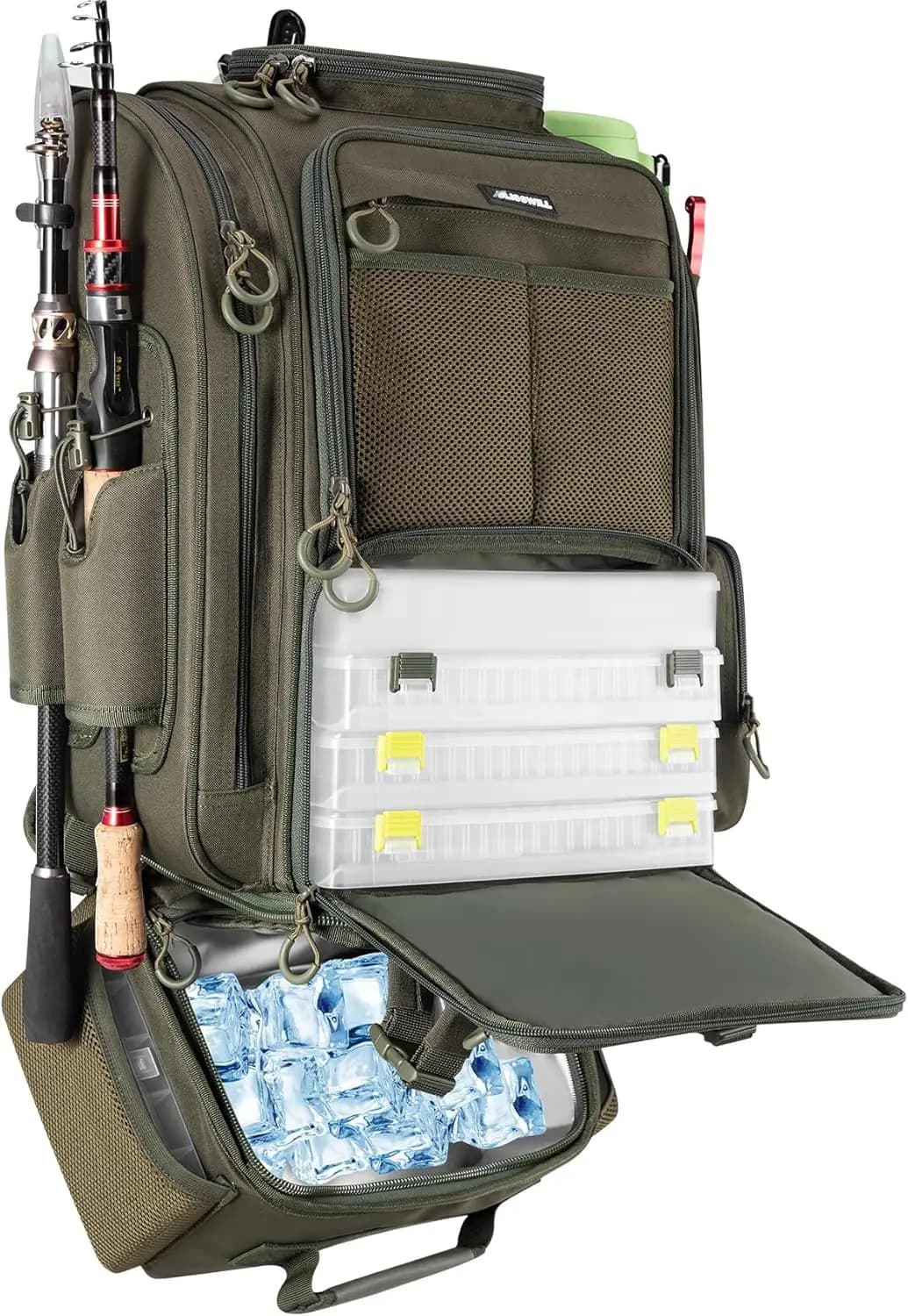 Large Fishing Backpack with Cooling Device, Candle Holder for 3 Boxes for Equipment - Waterproof Outdoor Bag for Camping Hiking