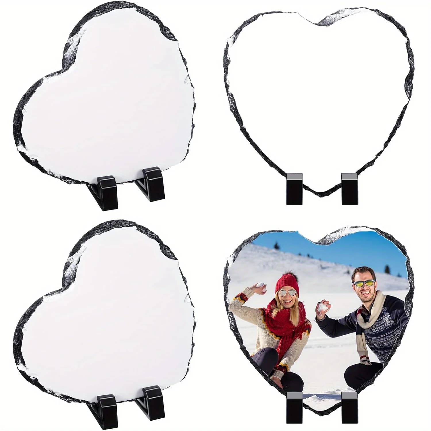 Cornice per foto in roccia di ardesia vuota con regali a forma di cuore per sublimazione da 1 pezzo con supporto per display per pressa di calore