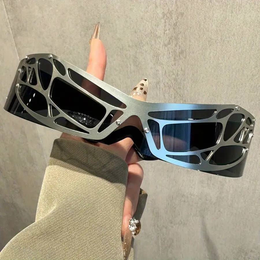 Occhiali da sole futuristici punk hip hop con montatura geometrica audace, lenti sfumate, leggeri e resistenti, perfetti per feste, occasioni casual e discoteche.