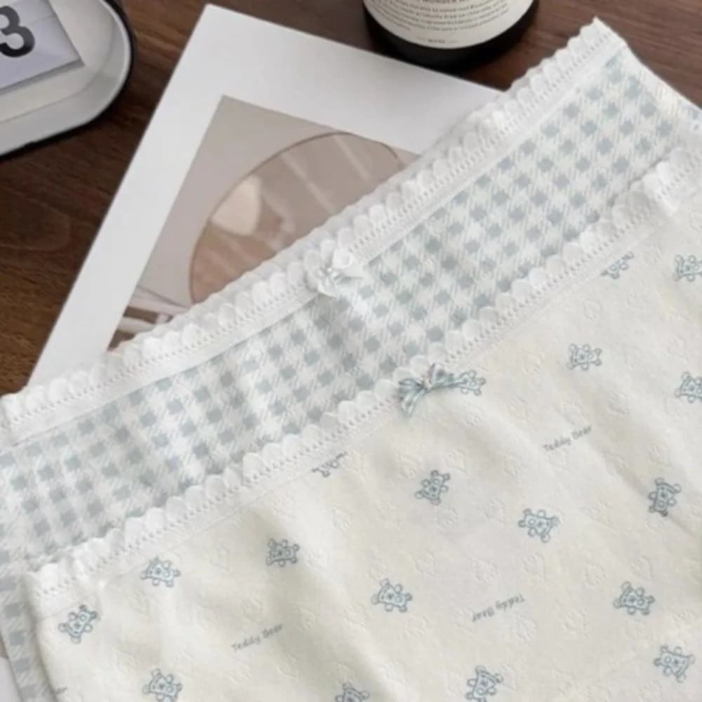 Mutandine da donna traspiranti a vita media con orsetto e fiocco, slip floreali a quadretti in cotone, intimo femminile