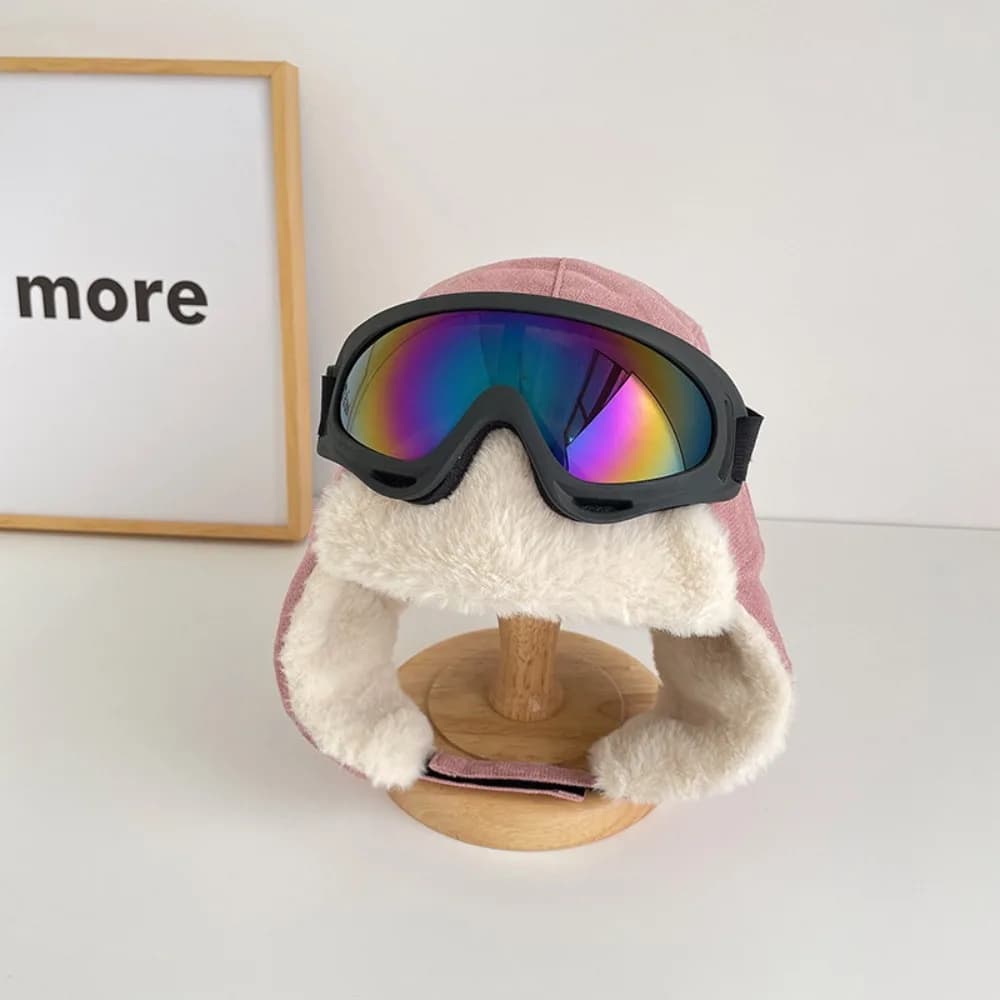 Berretto da sci caldo cartone animato con occhiali Occhiali carini Cappelli di protezione per le orecchie Cappello per orecchie da orso per bambini ispessito antivento Streetwear