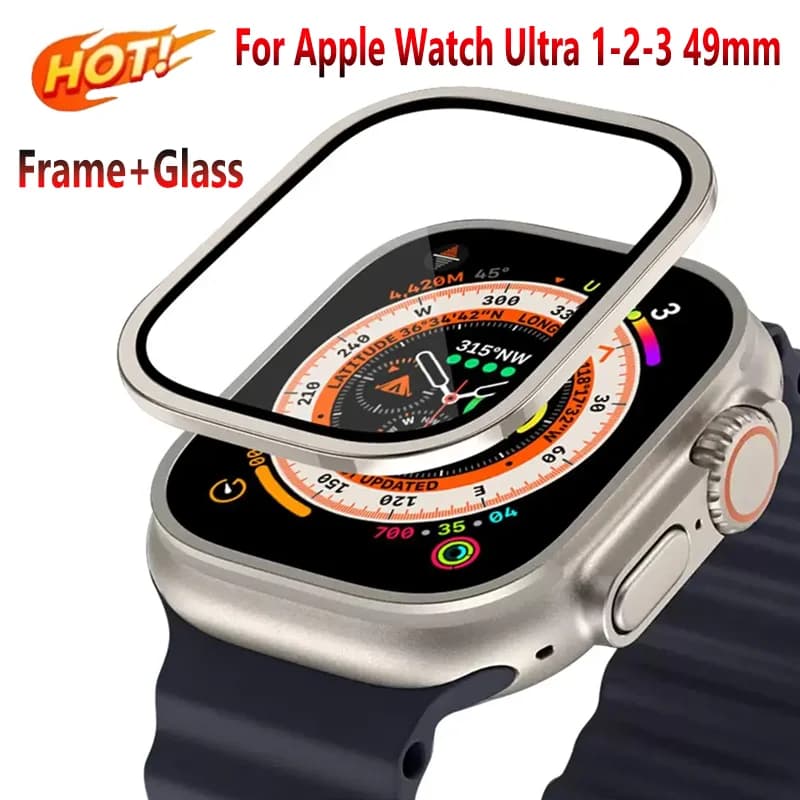 Custodia in metallo in lega di alluminio per Apple Watch Ultra 3-2-1 49mm Telaio di copertura protettiva antigraffio + accessorio per pellicola in vetro temperato HD