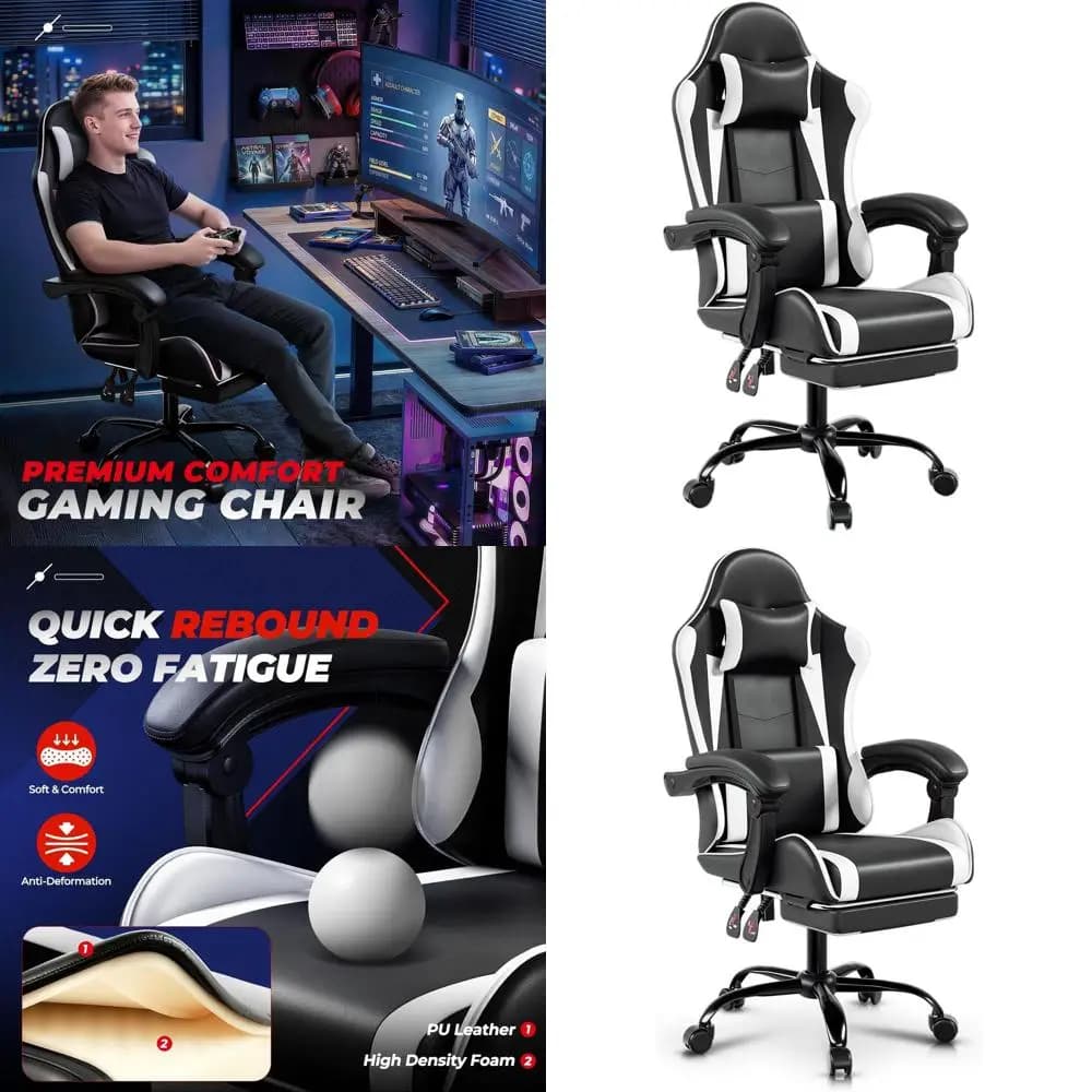 Sedia da Gaming Ergonomica con Schienale Alto, Supporto Lombare Regolabile, Braccioli, Poggiatesta, Poggiapiedi, Capacità 350 libbre, Bianco/Nero