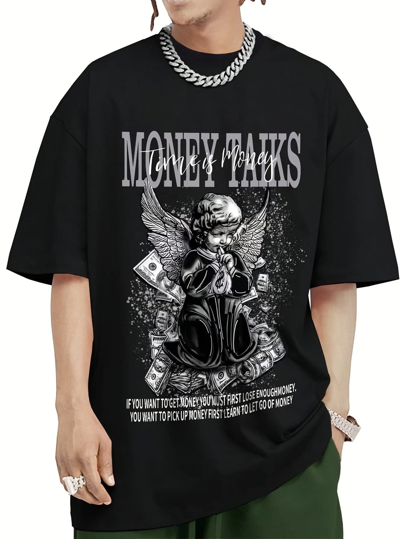 MONEY TALKS T-shirt girocollo a maniche corte stile street da uomo con motivo grafico a fumetti estivo all'aperto