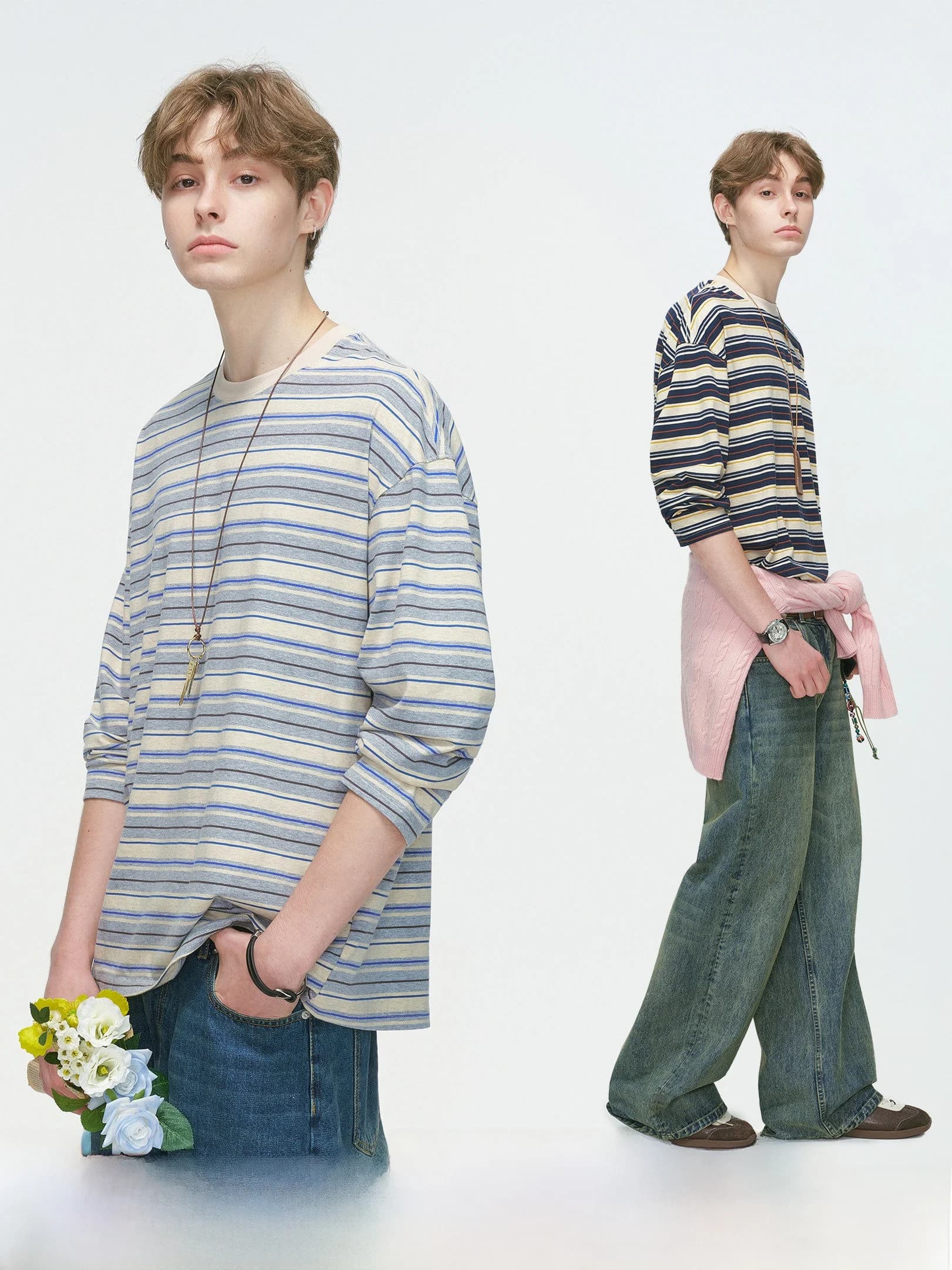 Dream Made American Color Block Striped Long Sleeve round Neck T-Shirt Men's Spring Autumn New Heavy Base Shirt Top