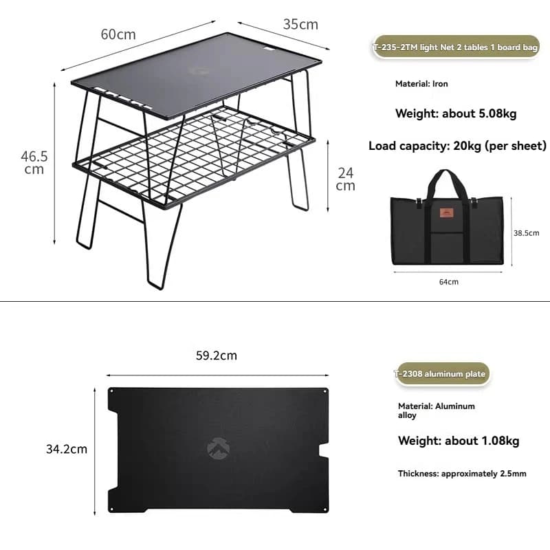 CAMPINGMOON T-235-2T Tavolo Pieghevole Portatile Leggero Doppio per Campeggio e Viaggi, Tavolo Multifunzionale in Ferro con Vano Portaoggetti