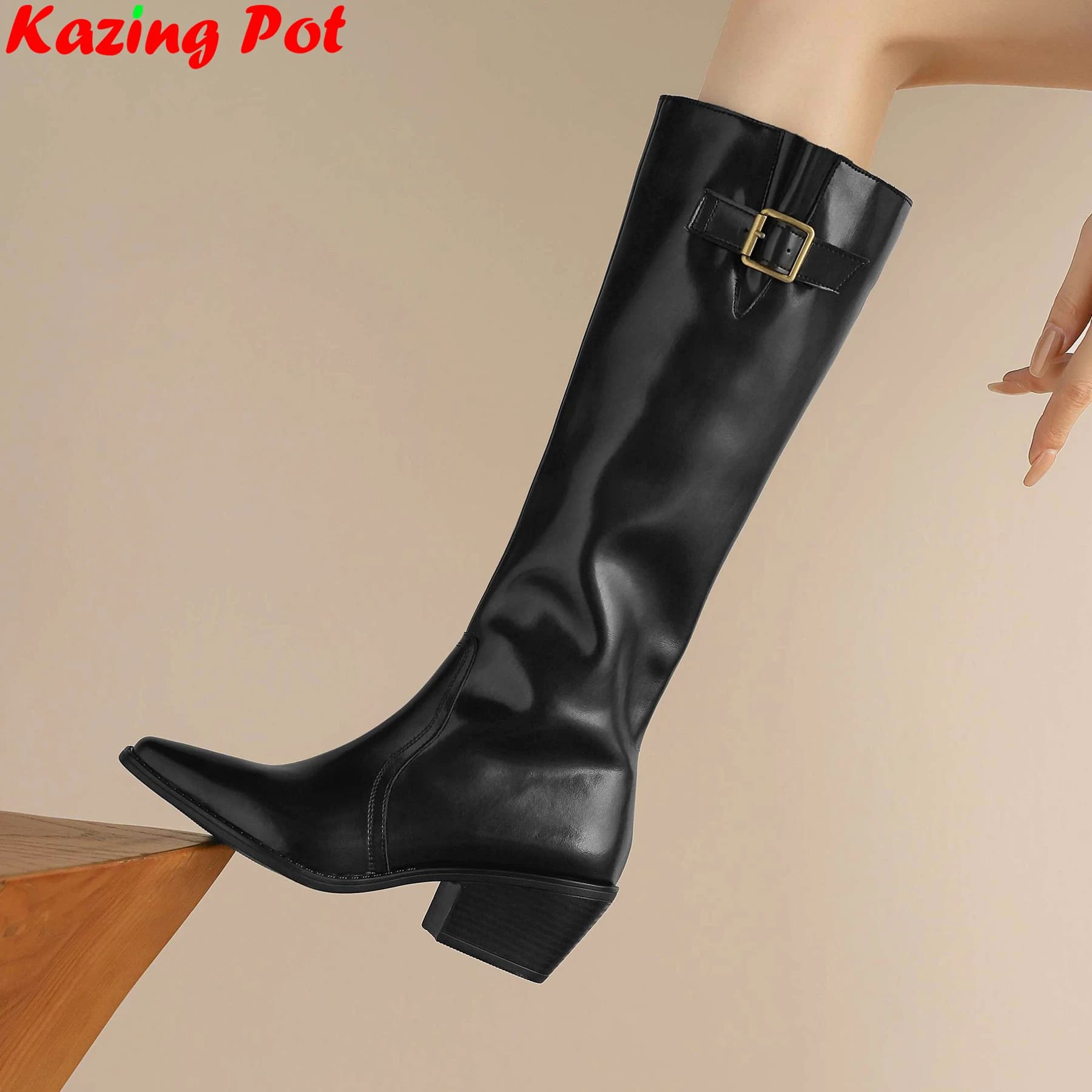 Cow Suede Belt Buckle Modern Western Boots Dating Warm Winter Shoes High Heels Dating Pleated Concise Catwalk Knee-high Boots