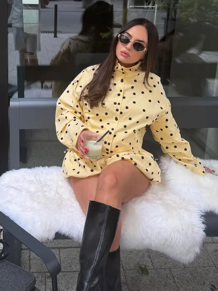 HH Women Fashion Yellow Polka Dot Coat Single Breasted Long Sleeve Turtleneck Cropped Jacket With Drawstring Female Streetwear